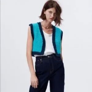 Zara bright Turquoise Navy Knit vest top size small chunky cropped open